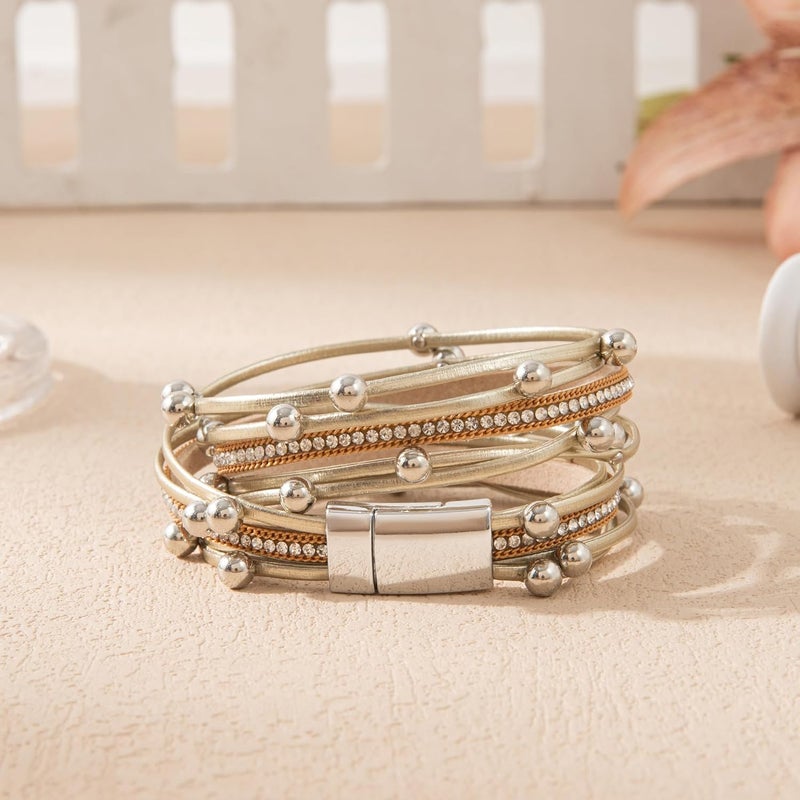 Rantanto Braid Leather Wrap Bracelet Trendy Stackable Crystal Cuff Boho Gold Heart Bracelet Jewelry Gift For Women - Image 5